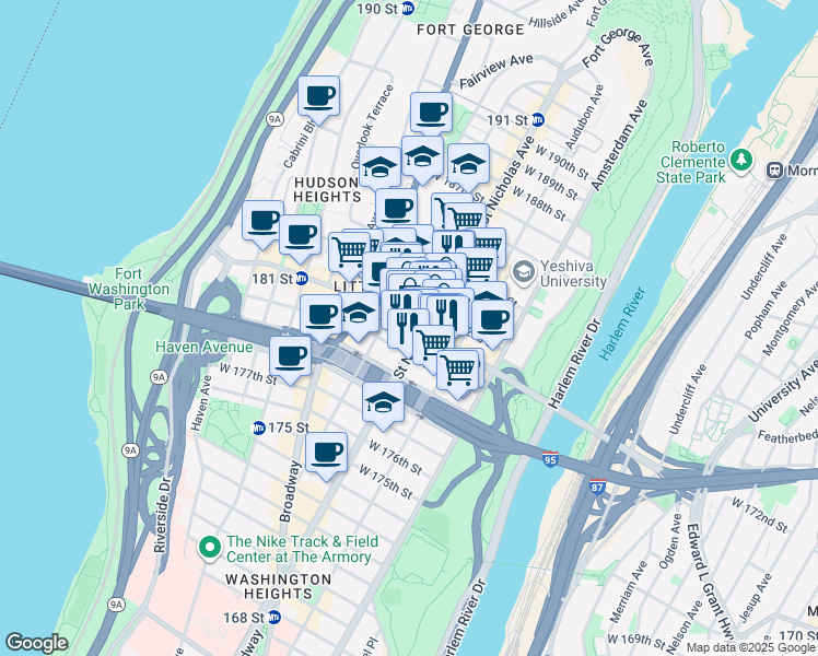 map of restaurants, bars, coffee shops, grocery stores, and more near 570-598 West 182nd Street in New York
