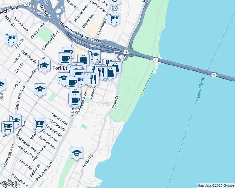 map of restaurants, bars, coffee shops, grocery stores, and more near 69 Main Street in Fort Lee