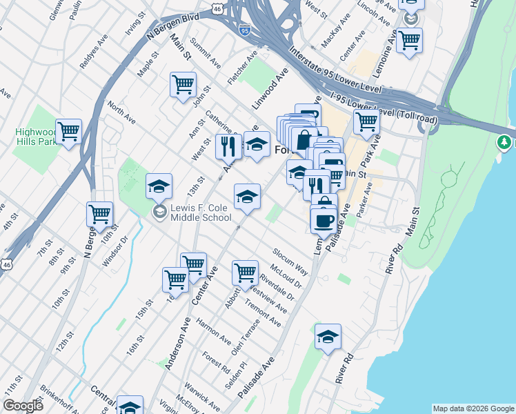 map of restaurants, bars, coffee shops, grocery stores, and more near 290 Whiteman Street in Fort Lee