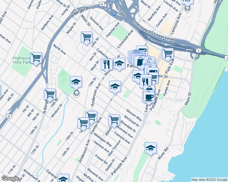 map of restaurants, bars, coffee shops, grocery stores, and more near 325 Tom Hunter Road in Fort Lee