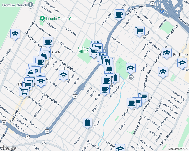 map of restaurants, bars, coffee shops, grocery stores, and more near 722 U.S. 9 in Palisades Park