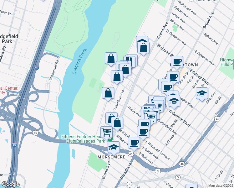 map of restaurants, bars, coffee shops, grocery stores, and more near 224 Commercial Avenue in Palisades Park