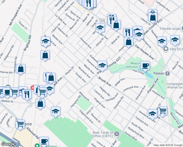 map of restaurants, bars, coffee shops, grocery stores, and more near 554 Broadway in Passaic