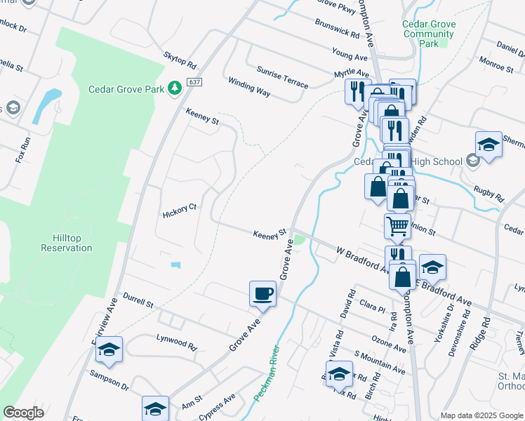map of restaurants, bars, coffee shops, grocery stores, and more near 110 Grove Avenue in Cedar Grove