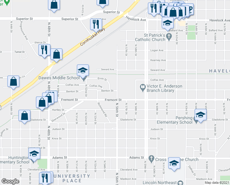 map of restaurants, bars, coffee shops, grocery stores, and more near 5501 Benton Street in Lincoln
