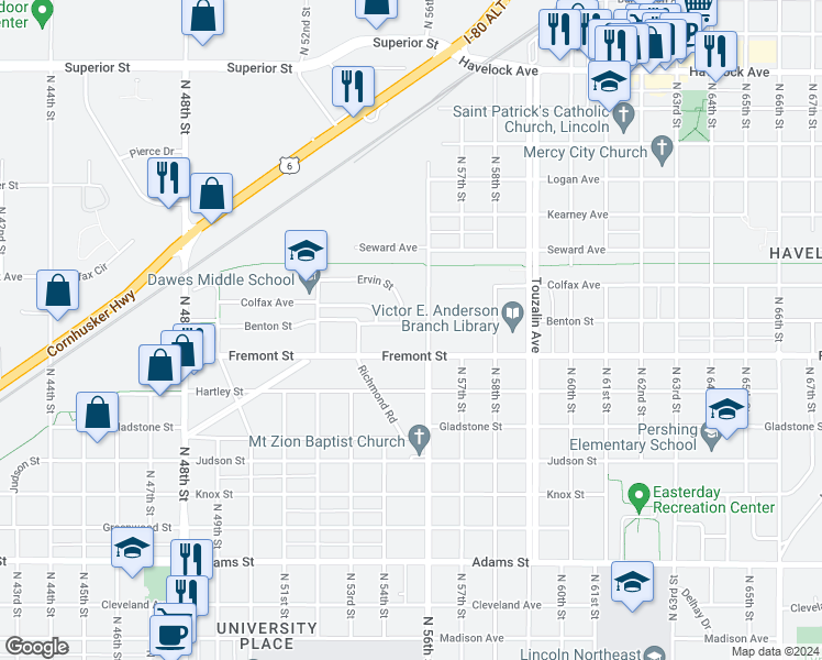 map of restaurants, bars, coffee shops, grocery stores, and more near 5501 Benton Street in Lincoln