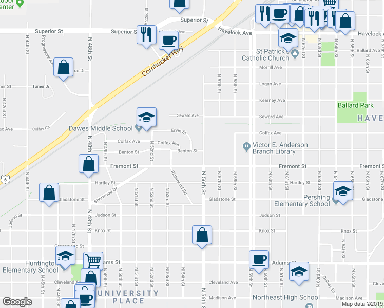 map of restaurants, bars, coffee shops, grocery stores, and more near 5501 Benton Street in Lincoln