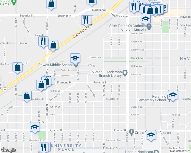 map of restaurants, bars, coffee shops, grocery stores, and more near 5501 Benton Street in Lincoln