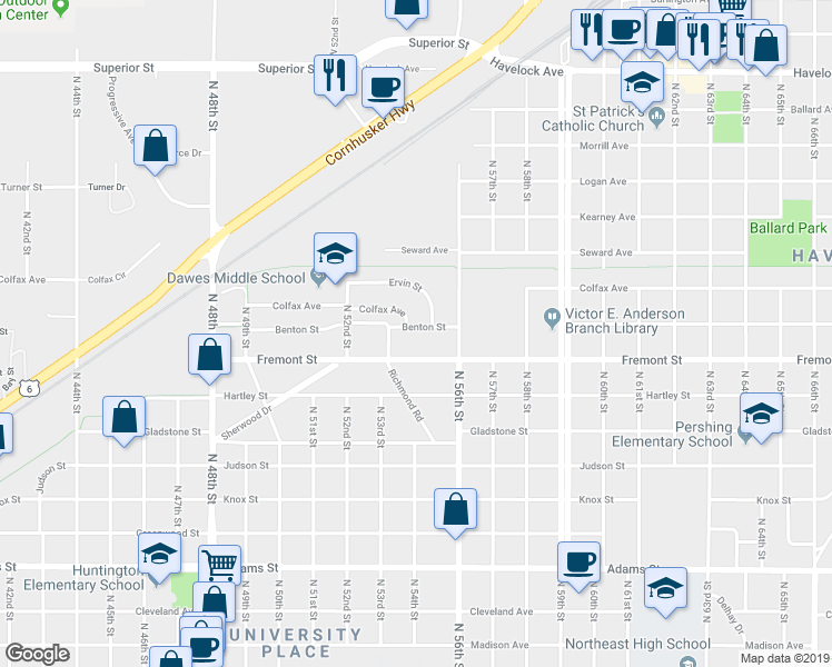 map of restaurants, bars, coffee shops, grocery stores, and more near 5305 Benton Street in Lincoln