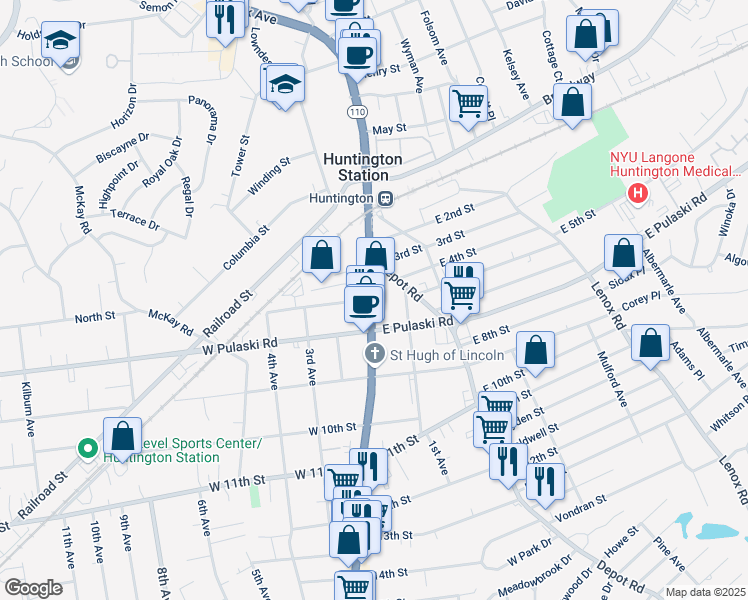 map of restaurants, bars, coffee shops, grocery stores, and more near 1342 New York 110 in Huntington Station