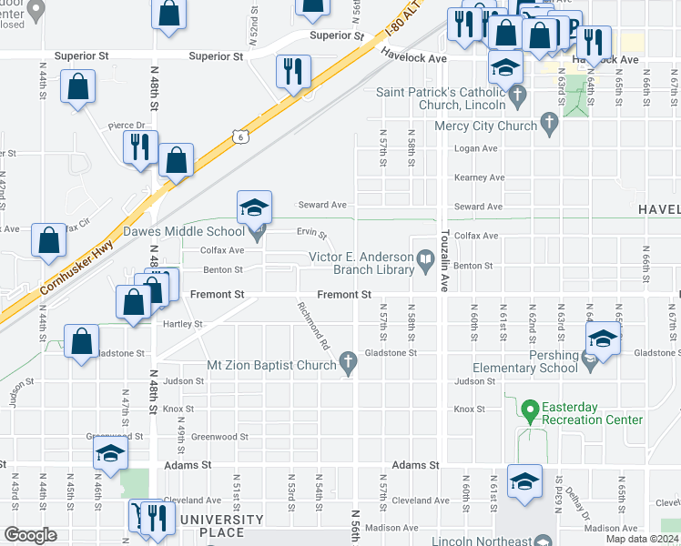 map of restaurants, bars, coffee shops, grocery stores, and more near 5501 Benton Street in Lincoln