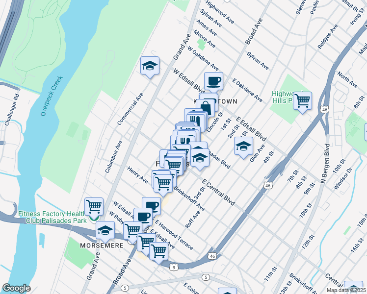 map of restaurants, bars, coffee shops, grocery stores, and more near 316A Highland Avenue in Palisades Park