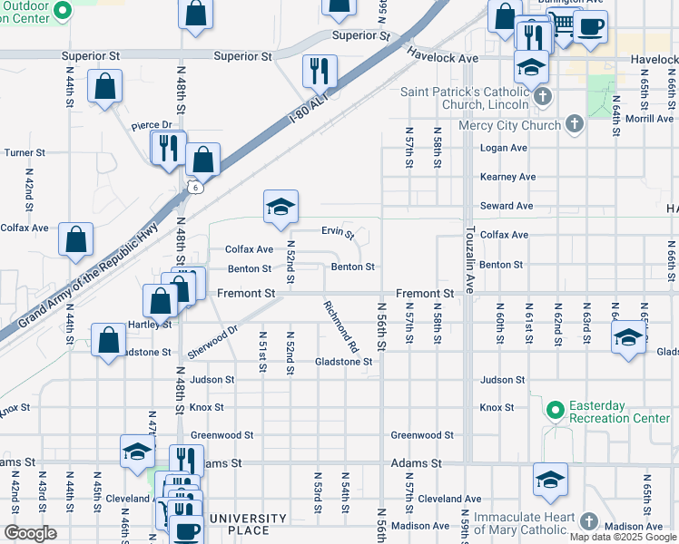map of restaurants, bars, coffee shops, grocery stores, and more near 5341 Benton Street in Lincoln