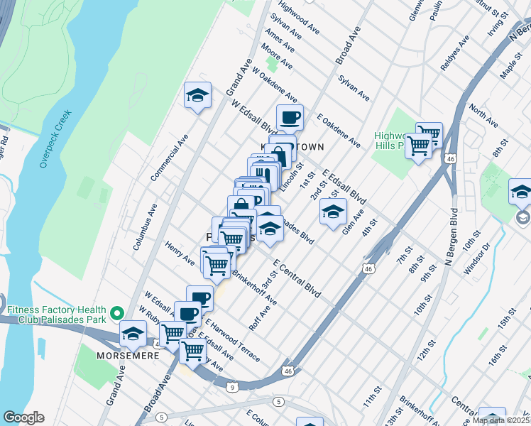 map of restaurants, bars, coffee shops, grocery stores, and more near 346 Broad Avenue in Palisades Park