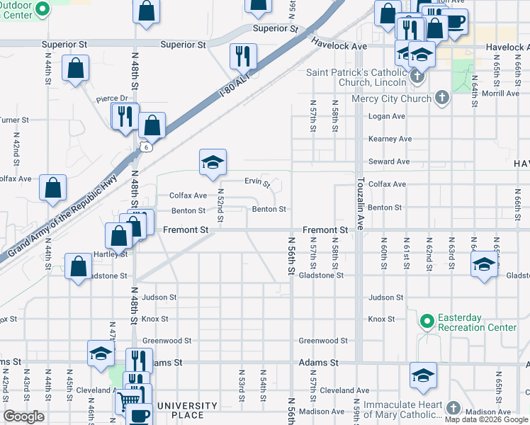 map of restaurants, bars, coffee shops, grocery stores, and more near 5501 Benton Street in Lincoln