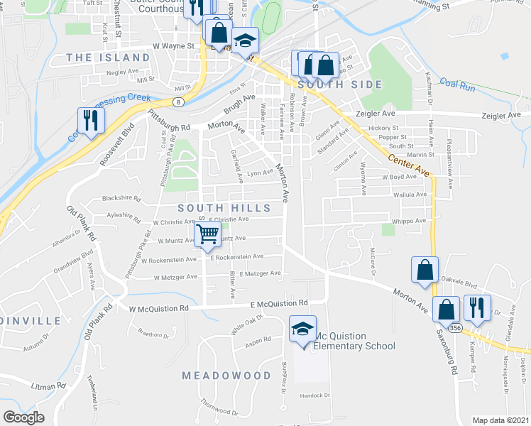 map of restaurants, bars, coffee shops, grocery stores, and more near 228 East Christie Avenue in Butler