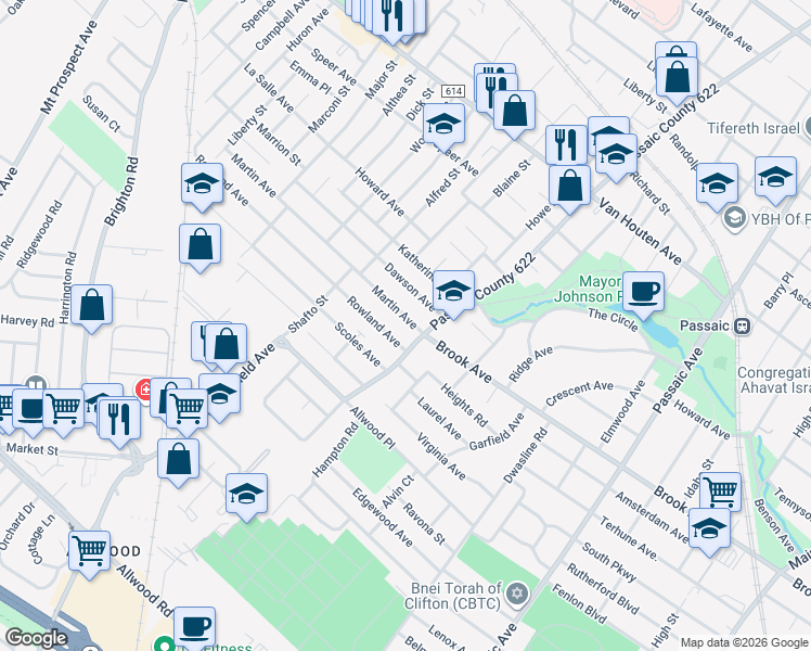 map of restaurants, bars, coffee shops, grocery stores, and more near 554 Broadway in Passaic