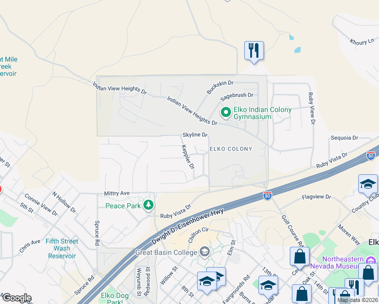 map of restaurants, bars, coffee shops, grocery stores, and more near 1301 Parkview Drive in Elko