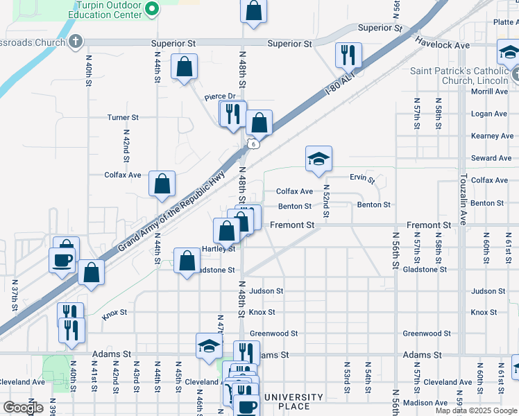 map of restaurants, bars, coffee shops, grocery stores, and more near 3635 North 49th Street in Lincoln