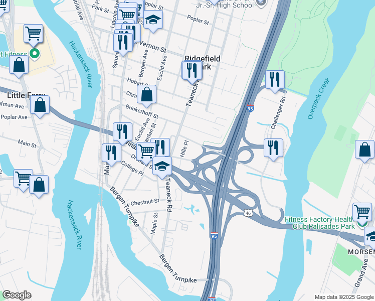 map of restaurants, bars, coffee shops, grocery stores, and more near 49 Hille Place in Ridgefield Park