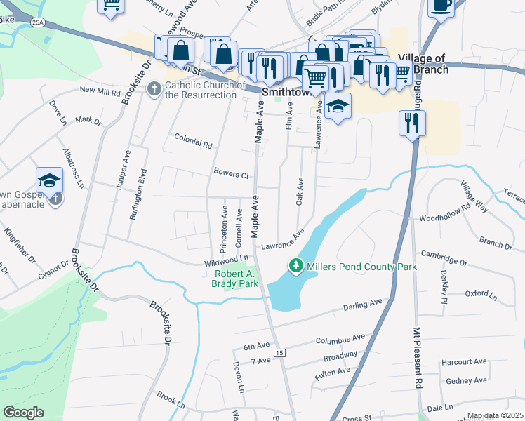 map of restaurants, bars, coffee shops, grocery stores, and more near 153 Maple Avenue in Smithtown