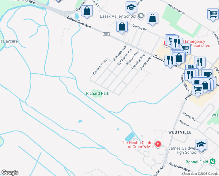 map of restaurants, bars, coffee shops, grocery stores, and more near 32 Parkview Avenue in West Caldwell