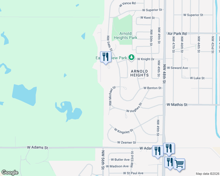 map of restaurants, bars, coffee shops, grocery stores, and more near 3601 Northwest Michael Street in Lincoln