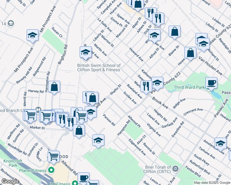 map of restaurants, bars, coffee shops, grocery stores, and more near 70 Lorraine Drive in Clifton