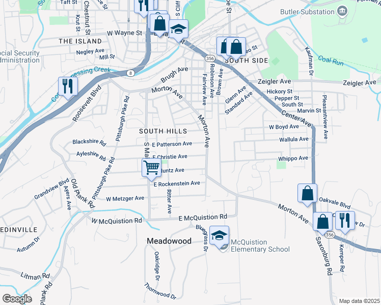 map of restaurants, bars, coffee shops, grocery stores, and more near 228 East Christie Avenue in Butler