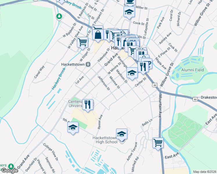 map of restaurants, bars, coffee shops, grocery stores, and more near 411 Church St in Hackettstown