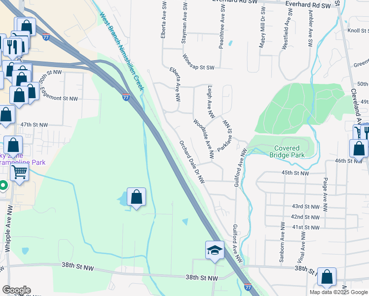 map of restaurants, bars, coffee shops, grocery stores, and more near Orchard Dale Drive Northwest in Canton