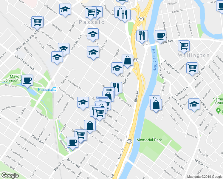 map of restaurants, bars, coffee shops, grocery stores, and more near 86 Westervelt Place in Passaic