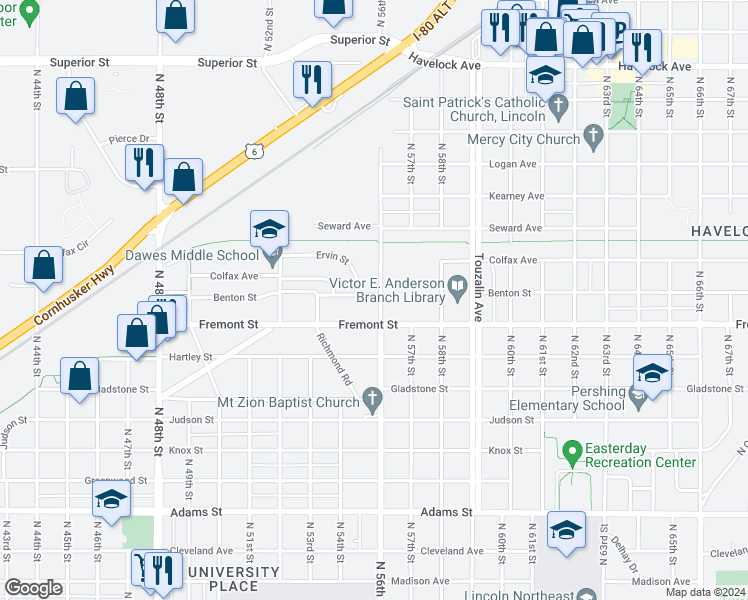 map of restaurants, bars, coffee shops, grocery stores, and more near 5537 Benton Street in Lincoln