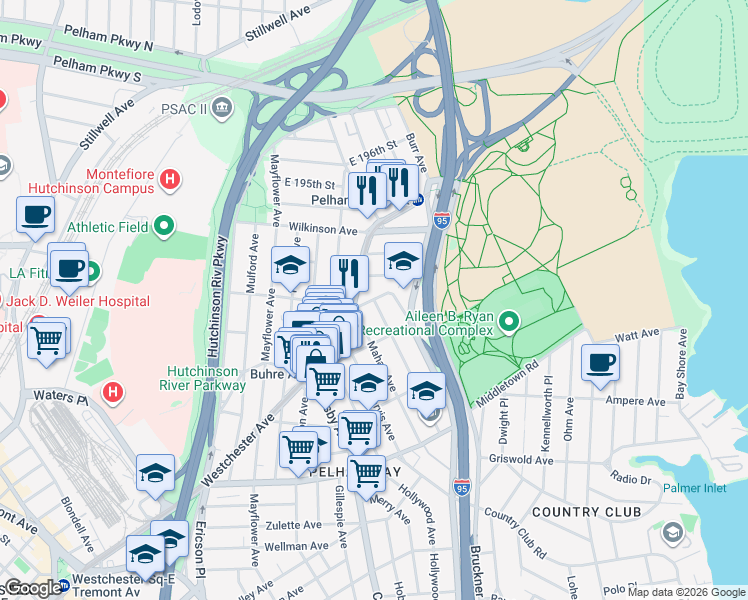 map of restaurants, bars, coffee shops, grocery stores, and more near Willow Lane in Bronx