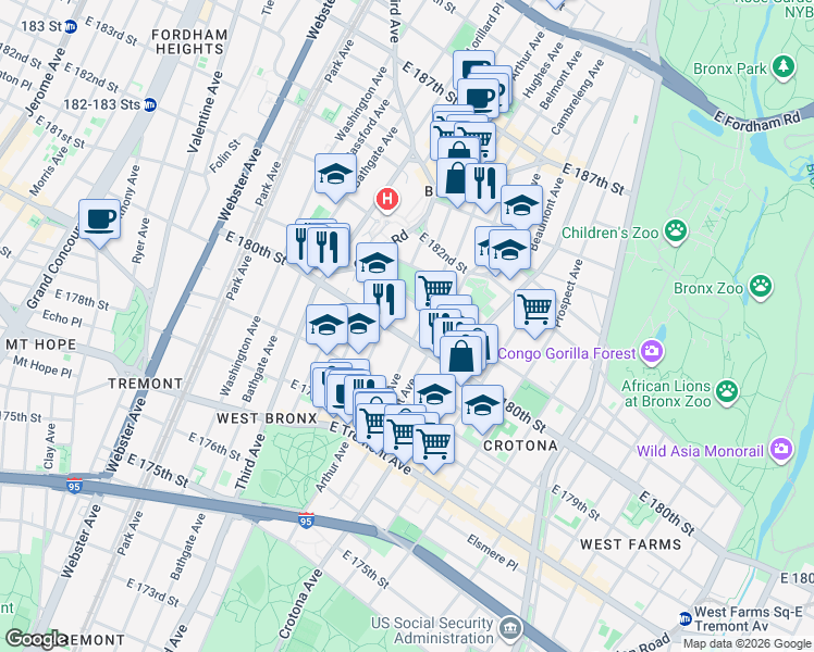 map of restaurants, bars, coffee shops, grocery stores, and more near 2115 Belmont Avenue in Bronx