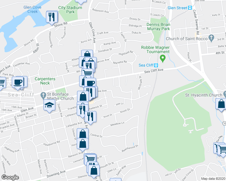 map of restaurants, bars, coffee shops, grocery stores, and more near 37 Valentine Avenue in Glen Cove
