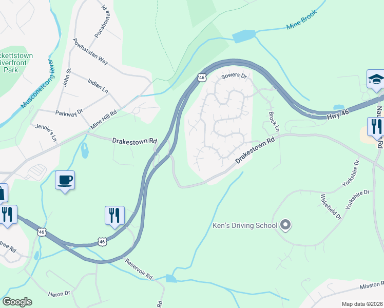 map of restaurants, bars, coffee shops, grocery stores, and more near 26 Winding Hill Drive in Hackettstown