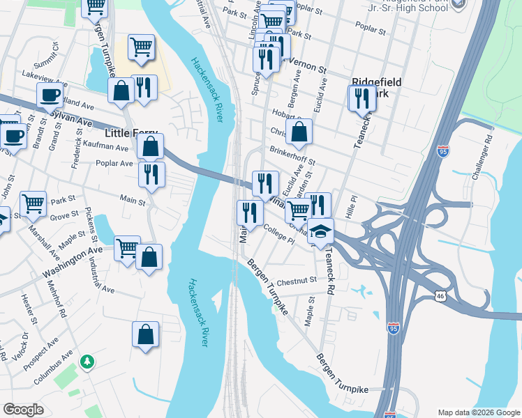 map of restaurants, bars, coffee shops, grocery stores, and more near 11 Main Street in Ridgefield Park