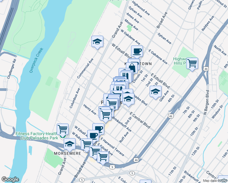map of restaurants, bars, coffee shops, grocery stores, and more near 316A Highland Avenue in Palisades Park