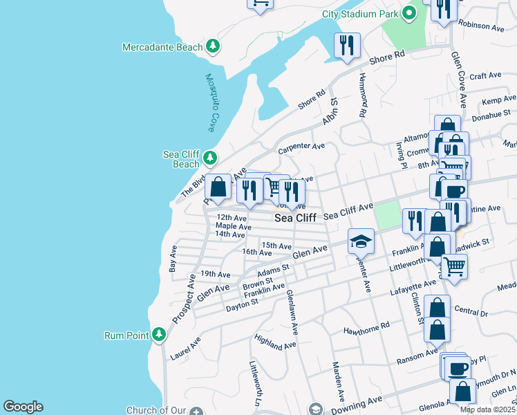 map of restaurants, bars, coffee shops, grocery stores, and more near 300 Sea Cliff Avenue in Sea Cliff