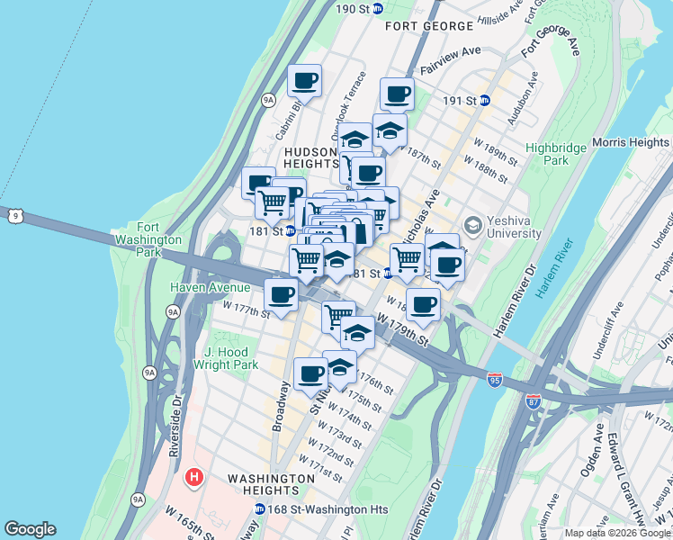 map of restaurants, bars, coffee shops, grocery stores, and more near West 180th Street in New York