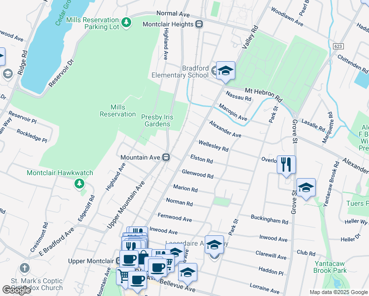 map of restaurants, bars, coffee shops, grocery stores, and more near 50 Belden Place in Montclair