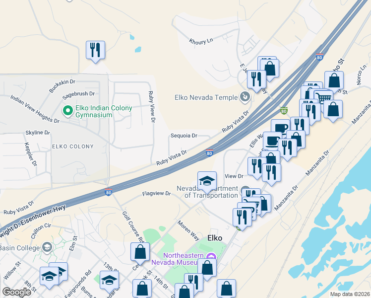 map of restaurants, bars, coffee shops, grocery stores, and more near 1702 Joshua Circle in Elko