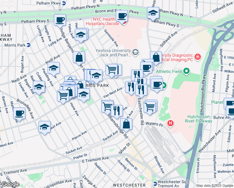 map of restaurants, bars, coffee shops, grocery stores, and more near 1656 Hering Avenue in The Bronx