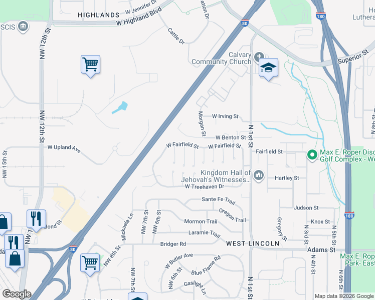 map of restaurants, bars, coffee shops, grocery stores, and more near 3800 Northwest Fairwood Court in Lincoln