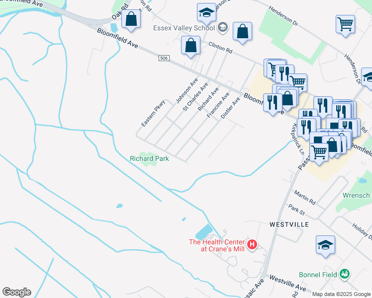 map of restaurants, bars, coffee shops, grocery stores, and more near 72 Francine Ave in West Caldwell
