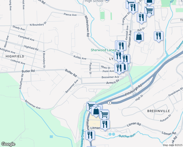 map of restaurants, bars, coffee shops, grocery stores, and more near 318 Penn Avenue in Lyndora