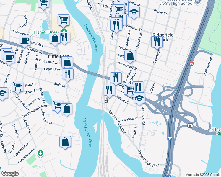 map of restaurants, bars, coffee shops, grocery stores, and more near 11 Main Street in Ridgefield Park