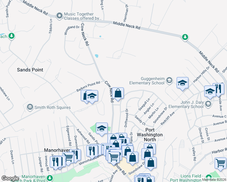 map of restaurants, bars, coffee shops, grocery stores, and more near 193 Cow Neck Rd in Port Washington
