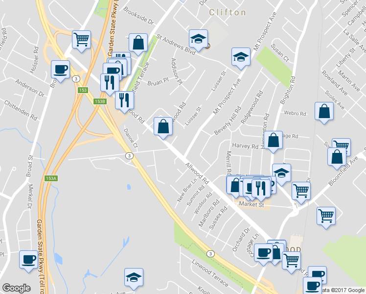 map of restaurants, bars, coffee shops, grocery stores, and more near 596 Mount Prospect Avenue in Clifton